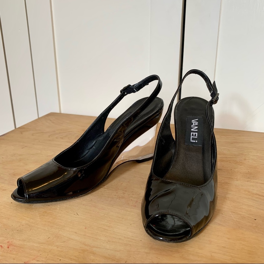 Vaneli black patent leather peep toe wedge clear lucite heel